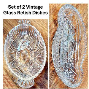 Set of 2 Vintage Anchor Hocking Pressed Glass Relish Pickle Candy Dishes